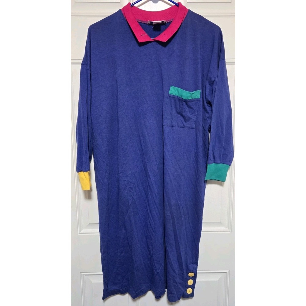 Tzzz Vintage Sleeping Night Gown Shirt 90s Womens One Size Blue Green Yellow